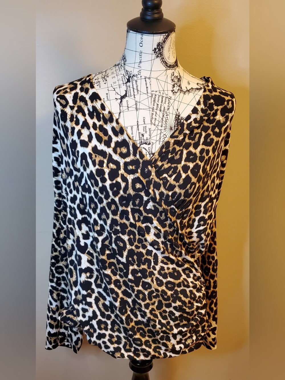 Chaus New York XL Leopard Print Faux Wrap Blouse Stretch Animal Print Career Top